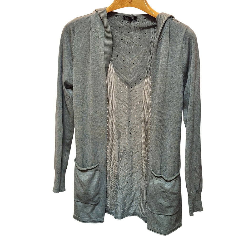 Lety & Me Sage Green Hooded Open Front Pointelle Knit Cardigan Sweater Small